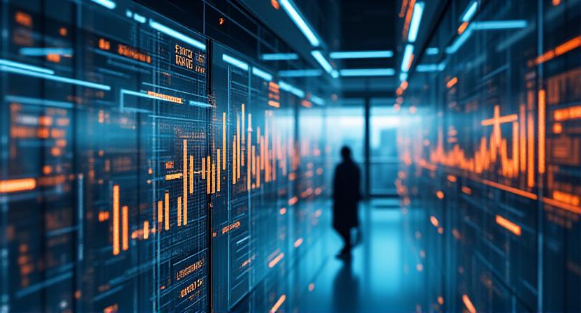 Futuristic digital financial dashboard with AI data overlays